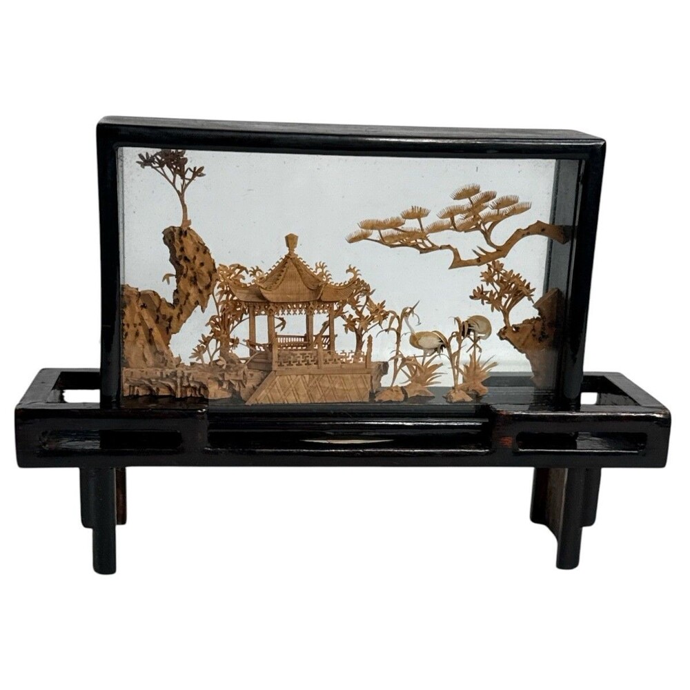 Vintage Chinese Cork Diorama Art Cranes Pagoda Trees Hand Carved Glass Frame